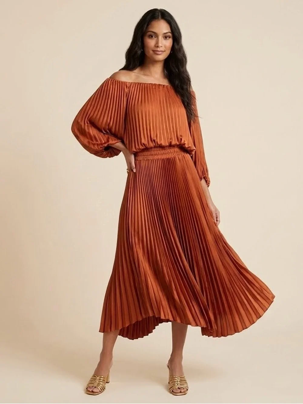 A.L.C. Sienna Satin Pleated‎ Off Shoulder Midi Dress, Red Rock, Size 8, NWOT